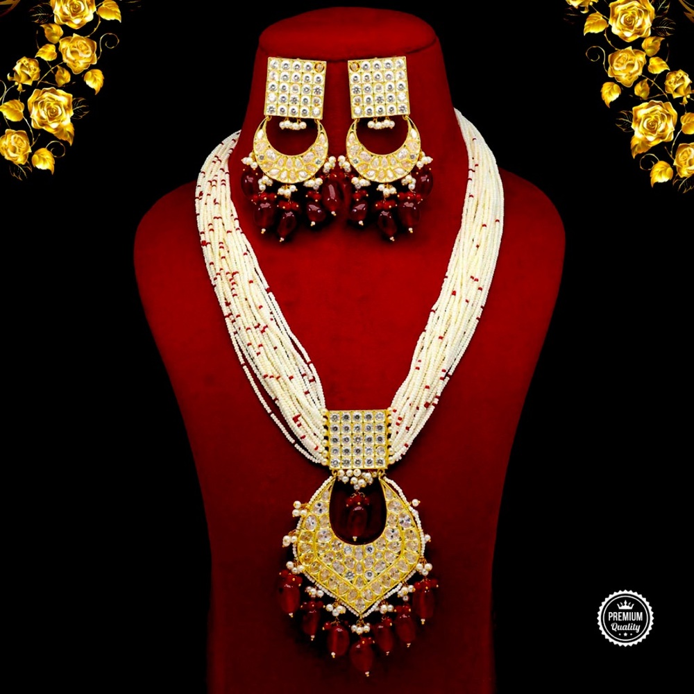 Maroon Color American Diamond Premium Polki Long Necklace Set